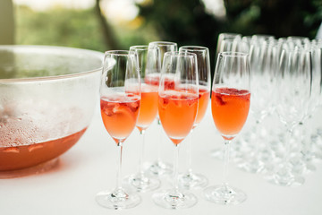 Glasses of rose colored champagne. Wedding DAY.