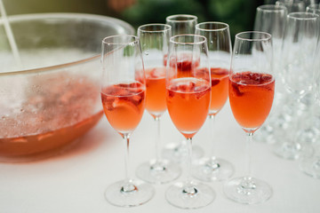 Glasses of rose colored champagne. Wedding DAY.