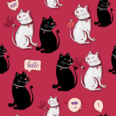 Romantic cute black, white funny cat sweet seamless pattern, wedding invitation card background,illustration vector,hand draw doodle comic art. Love repeated backdrop for girl, textile, clothes, wrapp