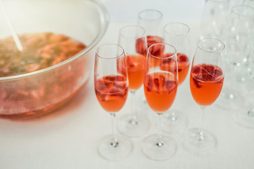 Glasses of rose colored champagne. Wedding DAY.