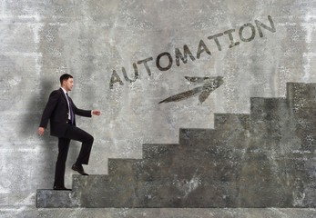 Business, technology, internet and networking concept. A young entrepreneur goes up the career ladder: Automation