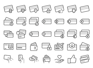 Credit Card line icon set. Vector line art illustration, white background.