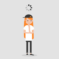 Young pensive character with a loading bar above her head.flat cartoon design