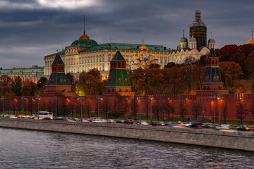 Architecture of Moscow Kremlin in evening against dramatic cloudy sky