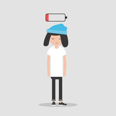 young exhausted character with low battery icon above.flat cartoon design