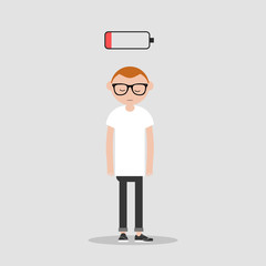 young exhausted character with low battery icon above.flat cartoon design