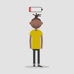 young exhausted character with low battery icon above.flat cartoon design