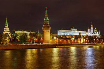 Fototapeta na wymiar Moskva river and Moscow Kremlin with night illumination. Landscape of Moscow historical center