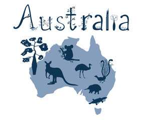 Vector outline of Australia with Australian animals silhouettes and a hand-drawn word of Australia