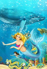 Obraz na płótnie Canvas Cartoon ocean and the mermaid in underwater kingdom swimming with whales - illustration for children