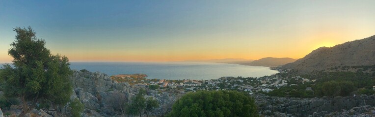 A panoramic view of Pefkos, Rhodes at sunset 