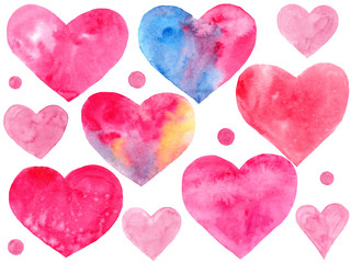 Watercolor hand drawn set with pink and multicolored hearts and round isolated on white. Good for Valentine's day, love, wedding, romantic cards