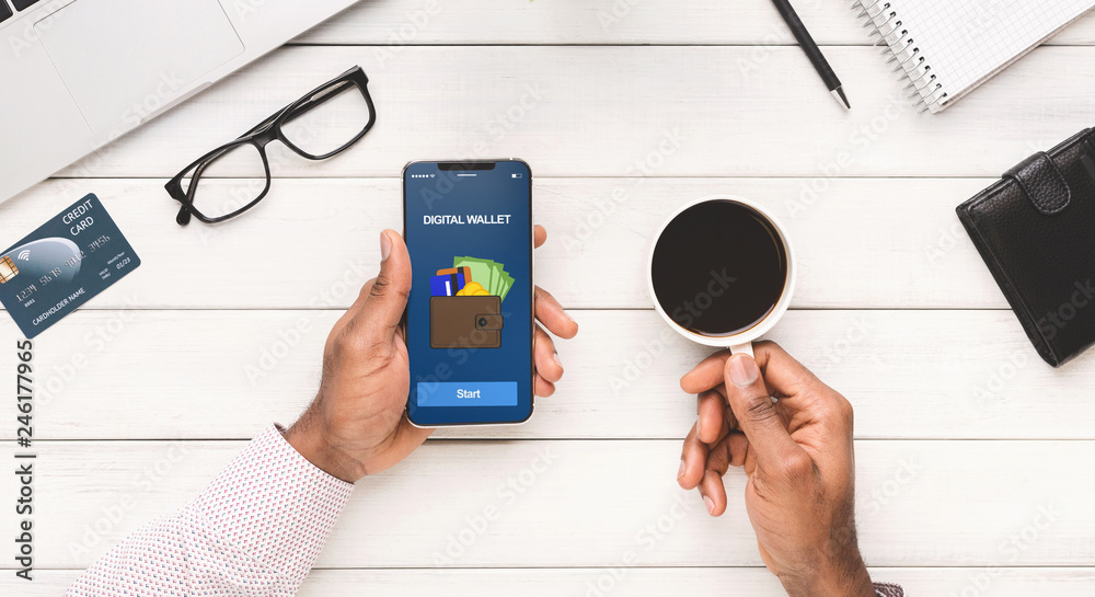 Poster Man using smartphone with digital wallet application