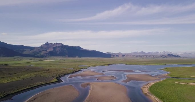 Aerial Footage of River Delt with Birds Flying by During Sunny Summer In Snaefellsness Peninsula, Iceland