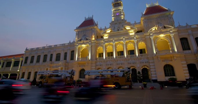 Ho Chi Minh city, Vietnam. Time lapse, timelapse landscape skyline Ho Chi Minh City People's Committee in a sunny day. Royalty high-quality free stock footage time lapse day to sunset and night