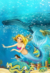 Fototapeta na wymiar Cartoon ocean and the mermaid in underwater kingdom swimming with whales - illustration for children