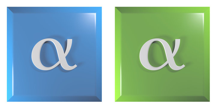 Push buttons square, blue and green with alpha sign - 3D rendering illustration