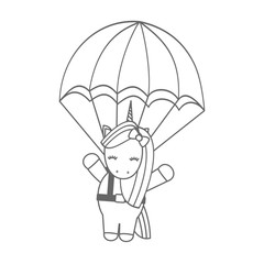 cute lovely cartoon unicorn flying with parachute funny black and white vector illustration