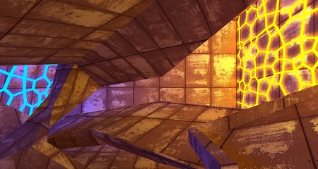 Obraz premium Abstract Concrete Futuristic Sci-Fi interior With Yellow And Blue Glowing Neon Tubes . 3D illustration and rendering.