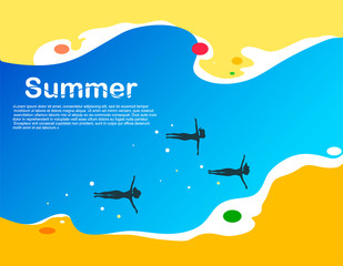 Stylized abstract summer background with silhouettes of sailing people on the water. Vector illustration