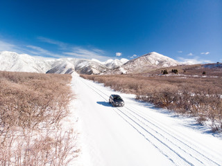 Driving on snow La Sal Mountain Loop