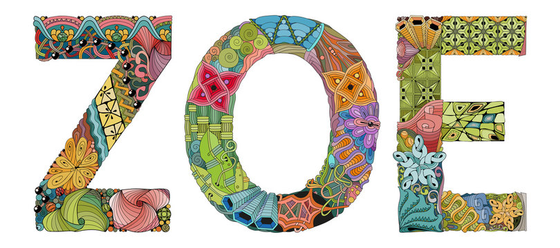 Female name ZOE. Vector decorative zentangle object