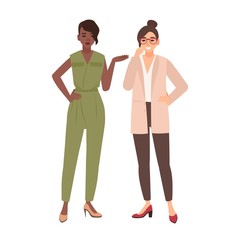 Fototapeta premium Pair of smiling women dressed in business clothes or female office workers talking to each other and laughing. Conversation between colleagues. Gossip at work. Flat cartoon vector illustration.