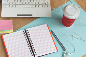 Workplace table. Business concept. Different office accessories on the wooden table. Copy space.
