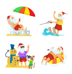 Christmas elements of holiday with relaxing and having fun Santa Claus on sea beach. Summer colorful isolated illustration with white background vector