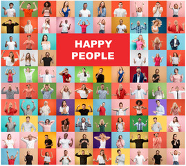 The collage of faces of surprised people on colored backgrounds. Happy men and women smiling. Human...