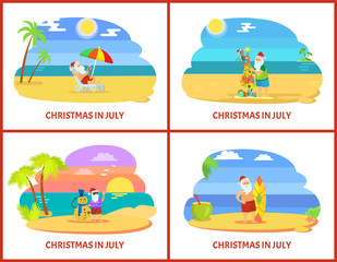 Christmas on beach in July image icons. Santa Claus in red hat and shorts standing near fir-tree with monkey and snowman from sand and surfboard vector