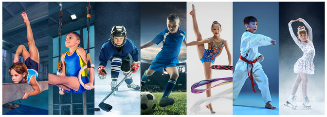 Fototapeta Attack. Sport collage about teen or child athletes or players. The soccer football, ice hockey, figure skating, karate martial arts, rhythmic gymnastics. Little boys and girls in action or motion obraz