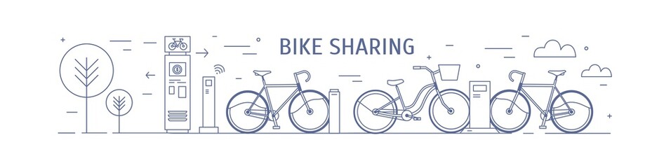 Bike sharing point with rental bicycles parked at docking stations and payment terminals drawn with contour lines on white background. Urban transport. Vector illustration in modern linear style.