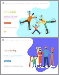 Family skiing, snow angels made by family members vector. People outdoors, lying in snow, father and mother with child, active lifestyle, sports games