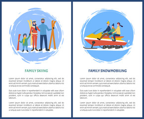 Obraz premium Family skiing, snowmobiling hobby in winter season vector. Poster with text sample, snowmobile with mother father and kid, children and parents set