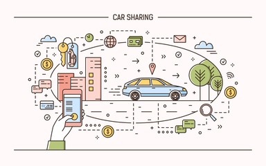 Banner template with hand holding mobile phone, keys and automobile on city street. Car sharing and rental electronic service or carsharing application. Modern vector illustration in linear style.
