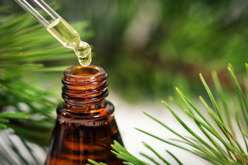 pine essential oil. liquid dripping from pipette to the bottle