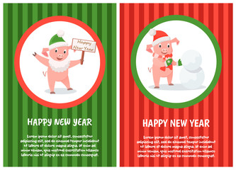 Happy New Year postcard, cartoon pig wishes Merry Christmas. Piglet making snowman, sign board with greetings in paws, round frames on striped backdrop