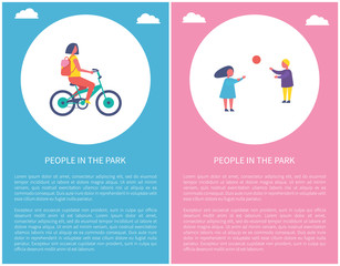People in park cartoon vector posters with text. Girl riding bike, children boy and girl playing volleyball with ball. Spending free time concept