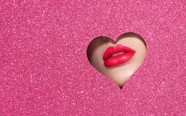 Beautiful Plump Bright Lips Of a Young Beautiful Woman with Red Lipstick Look Into the Pattern of...