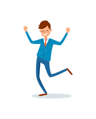 Man happy with achievements, lucky businessman flat style vector. Worker with smile on face, successful manager jumping, leader smiling celebrating