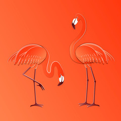 Naklejka premium Two coral flamingos. Coral succulent background. Color of the year 2019 Living Coral. 3D vector illustration. Paper cut out style.