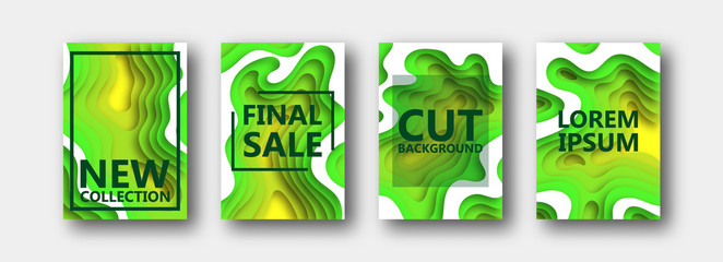 A set of four options for banners, flyers, brochures, cards, posters for your design, in green-yellow tones. Paper style. 10 eps