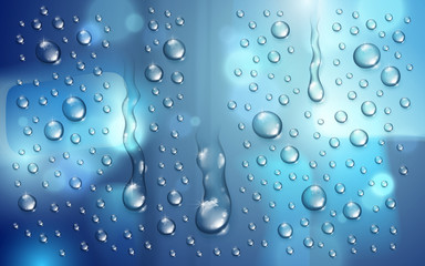 Water rain drops or condensation over blurred background beyond the window realistic transparent 3d vector illustration, easy to put over any background or use droplets separately.