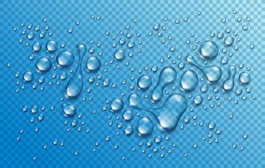 Water rain drops or condensation in shower realistic transparent 3d vector composition over transparency checker grid, easy to put over any background or use droplets separately.