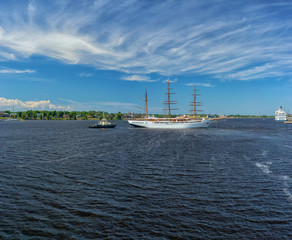 Fototapeta na wymiar Three-masted sailing ship on the river Daugava in Riga