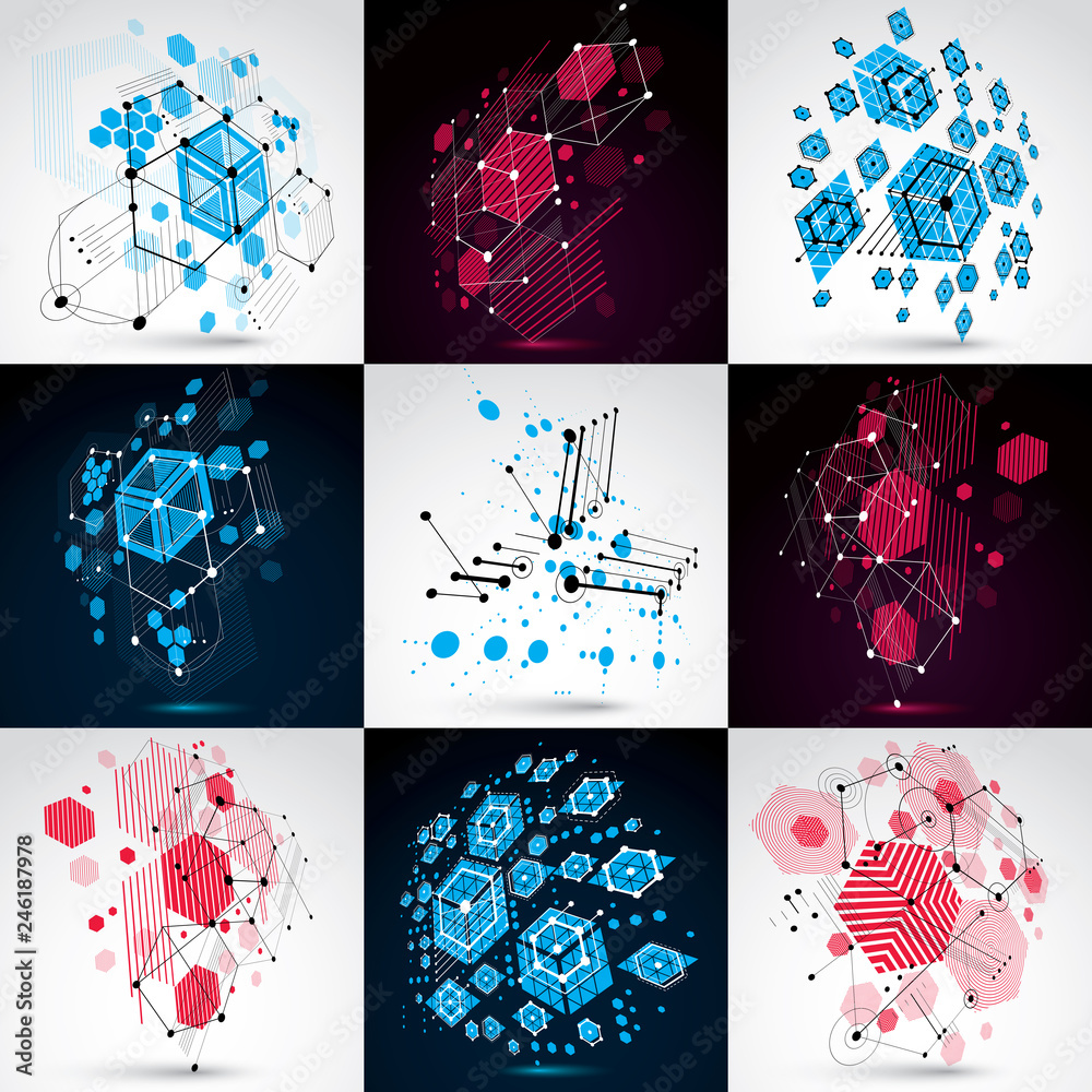 Poster set of vector bauhaus abstract backgrounds made with grid and overlapping simple geometric elements,