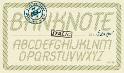 Vector font from a to z created using guilloche ornate, decorate waves. For use as bank notes or bonds design.