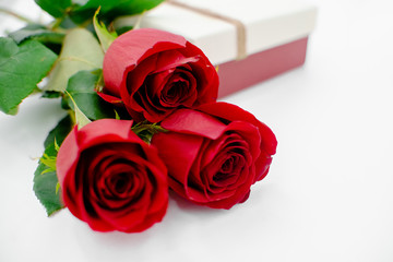 Flowers composition with gift box heart shaped  made of rose flowers on white background. Flat lay, top view, copy space