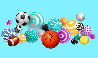 3D volumetric balls, balls of different sports, on a bright background with multi-colored object